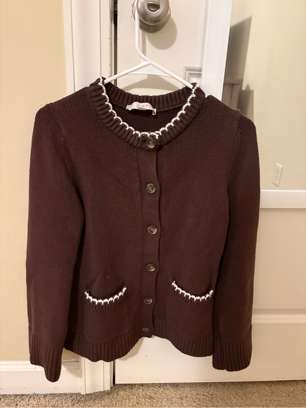 Loft Brown Button-Front Knit Cardigan with White Trim